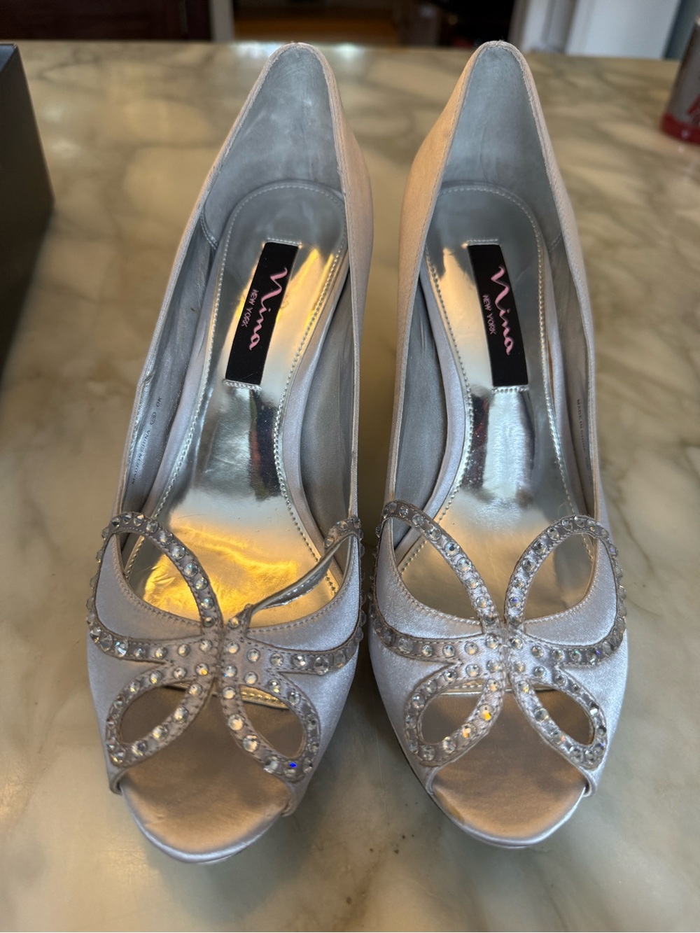 Nina Silver Satin Peep-Toe Heels with Rhinestone Flower